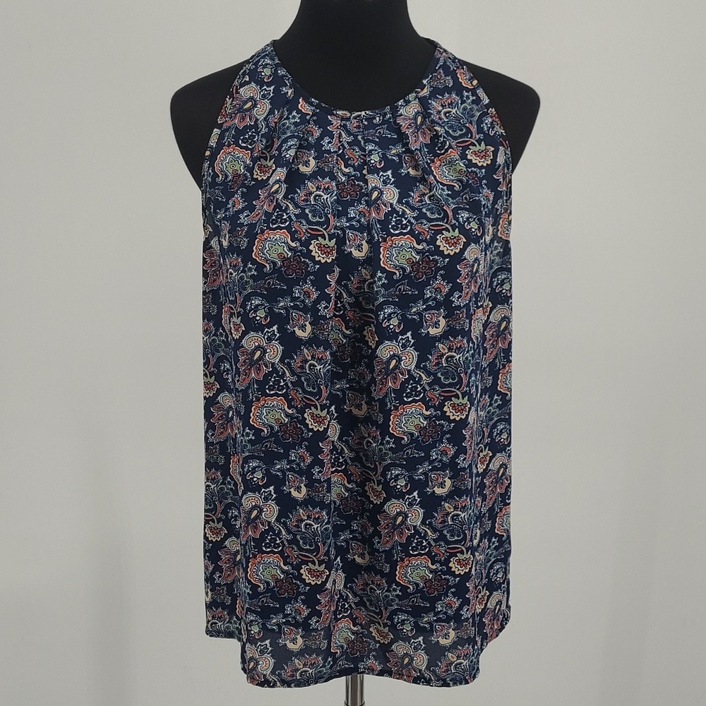 Ava Christine Navy Blue Paisley Halter Neck Pleated Sleeveless Blouse Small